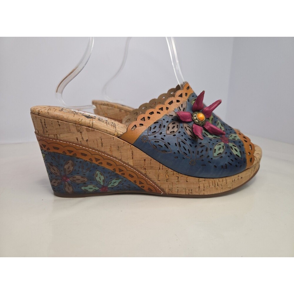 L'ARTISTE ANNAMARIA Sandals Blue Leather Multi Color Handpainted New Sz 10 NWOB